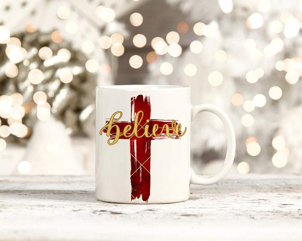 Believe Mug - Believe Christmas Gift - Inspirational Coffee Mug - Cross -Christian  Coffee Cup - Christian Teachers Gift - God Rocks