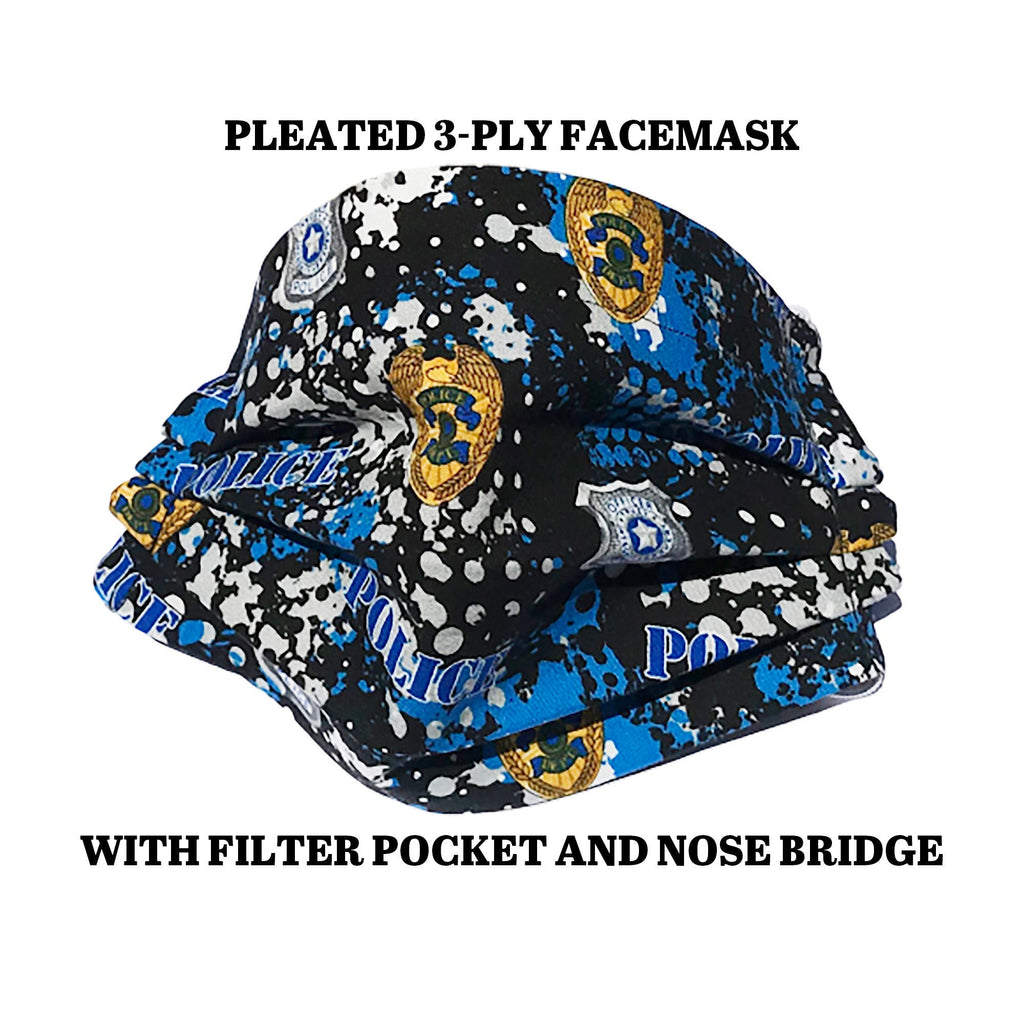 Police Badge Washable Reusable Pleated Adjustable Face Covering, Nose Bridge Filter Pocket Face Mask, God Rocks Facemask, Frontline Workers