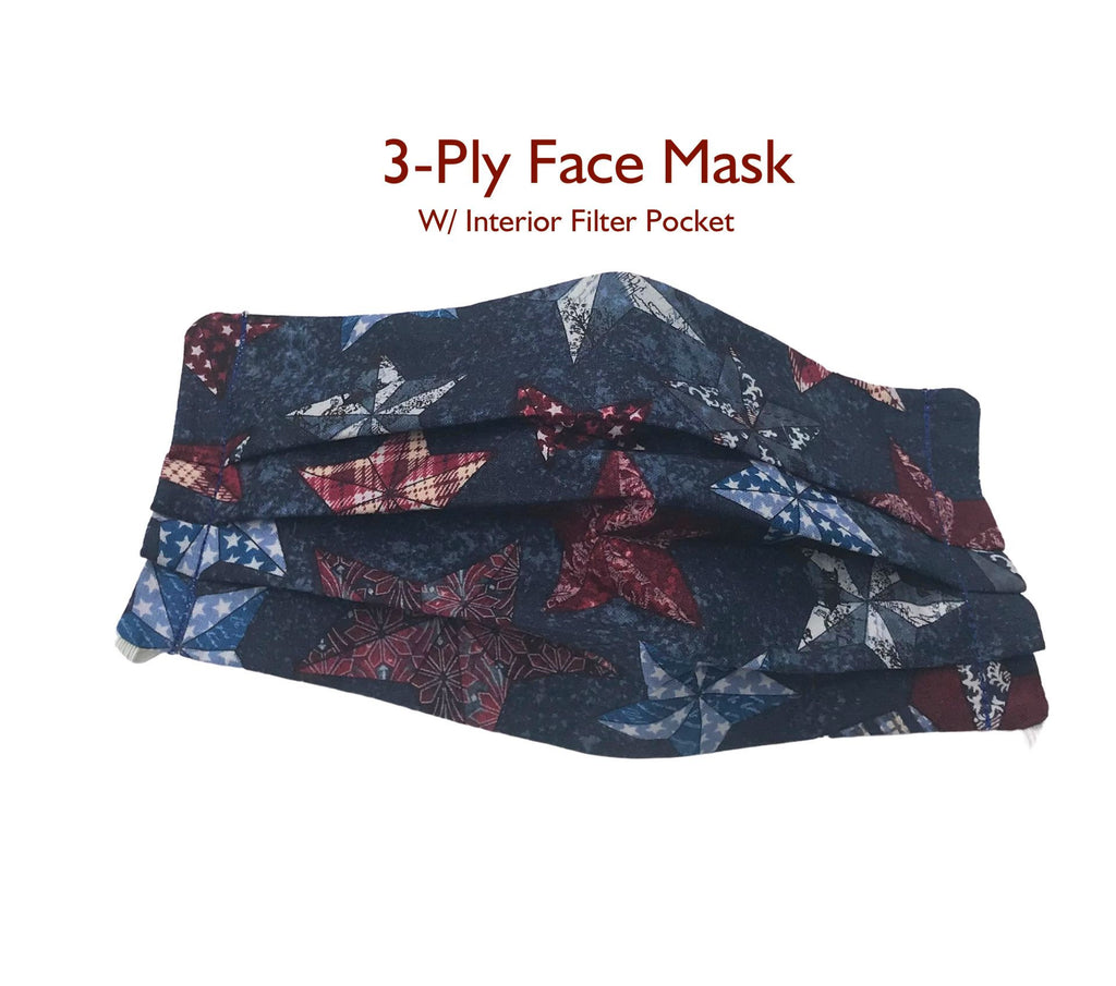Deep Blue Patriotic Stars Face Mask with Filter Pocket, 3 Ply Washable Face Mask, Reusable, Pleated Face Mask, USA Fabric, God Rocks