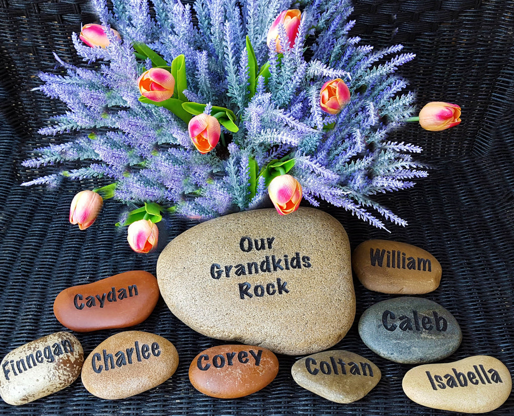 Grandkids Rock Engraved Stone - Family Stone - Engraved River Rock - Carved Stone - Etched Rock - Garden Stone - Namesake Rocks - Carved Rocks- God Rocks