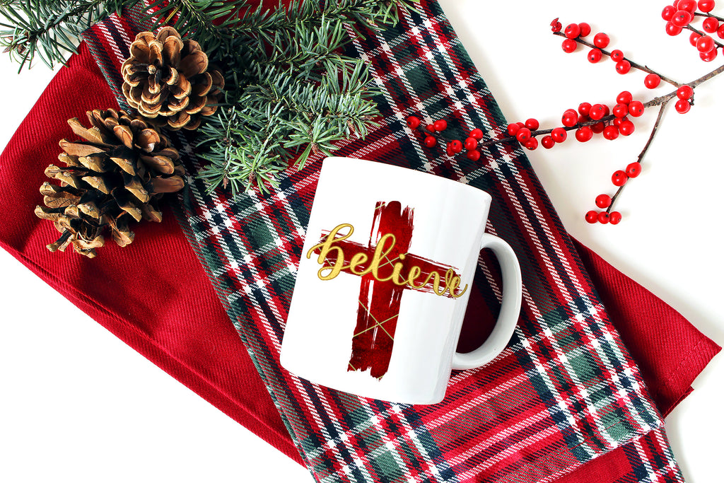 Believe Mug - Believe Christmas Gift - Inspirational Coffee Mug - Cross -Christian  Coffee Cup - Christian Teachers Gift - God Rocks