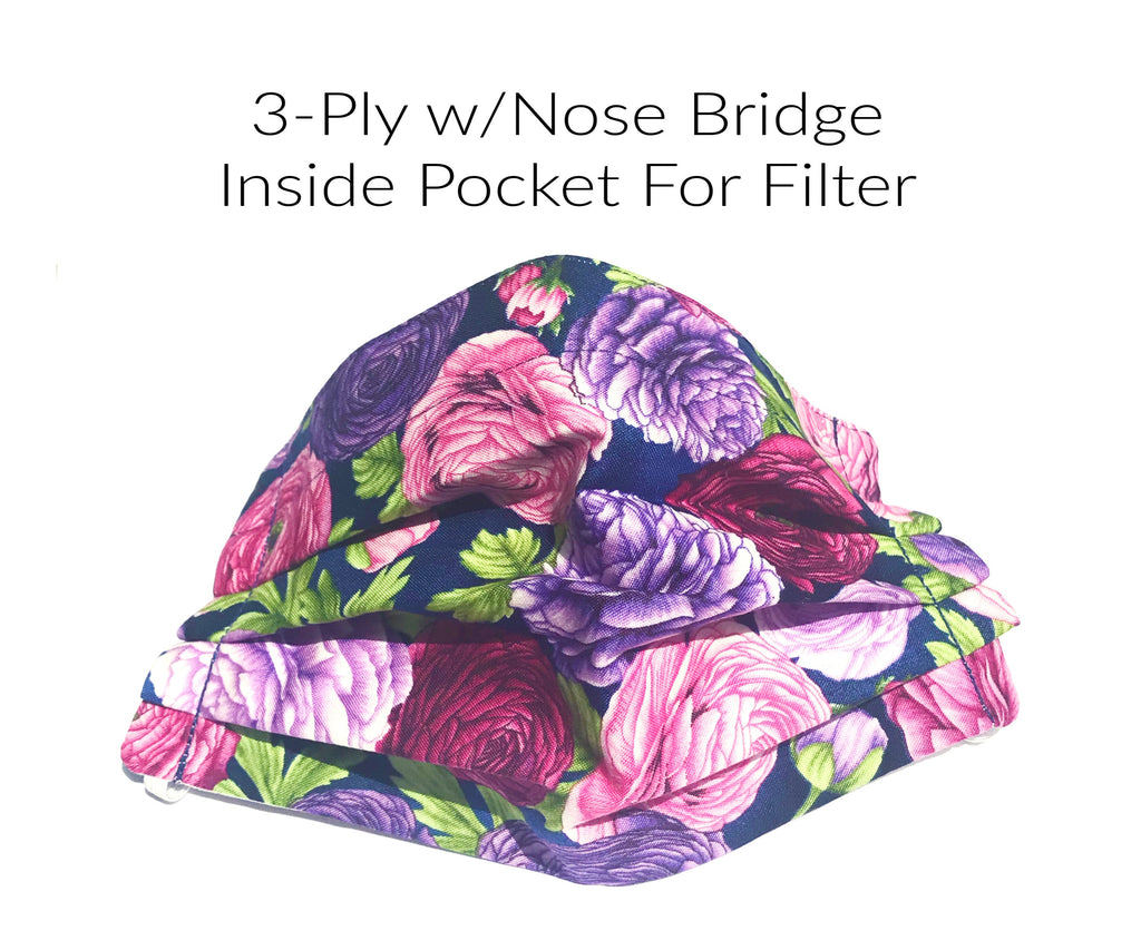 Ranunculus Flower Fabric Mask,  Face Mask with Pocket, Washable Face Mask, Reusable, Pleated Face Mask Nose Bridge Piece, God Rocks
