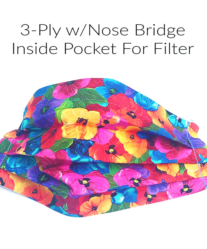 Pansy Face Mask | Fitted-3 Ply-100% Cotton-Adjustable Nose Wire-Interior Filter Pocket-Adjustable Straps