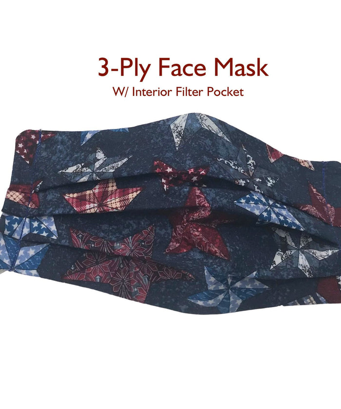 Deep Blue Patriotic Stars Face Mask with Filter Pocket, 3 Ply Washable Face Mask, Reusable, Pleated Face Mask, USA Fabric, God Rocks