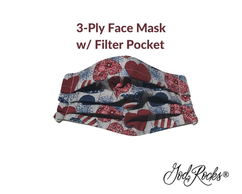 Patriotic Hearts Face Mask with Pocket, USA Washable Face Mask, Reusable, Pleated Face Mask, Patriotic Hearts Face Mask, Facemask, God Rocks