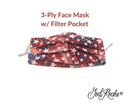 Patriotic Face Mask with Pocket, USA Washable Face Mask, Reusable, Pleated Face Mask, 4th of July Face Mask, Stars Face Mask, God Rocks