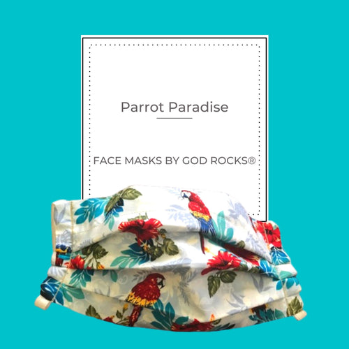 Tropical Parrot Mask with Filter Pocket, Washable, Reusable, Pleated Face Mask Nose Bridge Piece, 3 Ply Face Mask, God Rocks, Bird Facemask