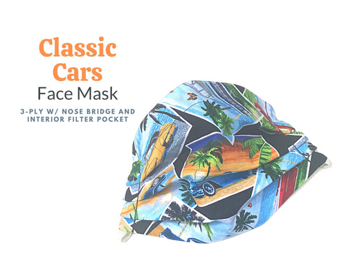 Vintage Classic Cars Face Mask Interior Filter Pocket, Washable Reusable Elastic Face Mask, Pleated Fabric Mask Nose Bridge Piece, God Rocks