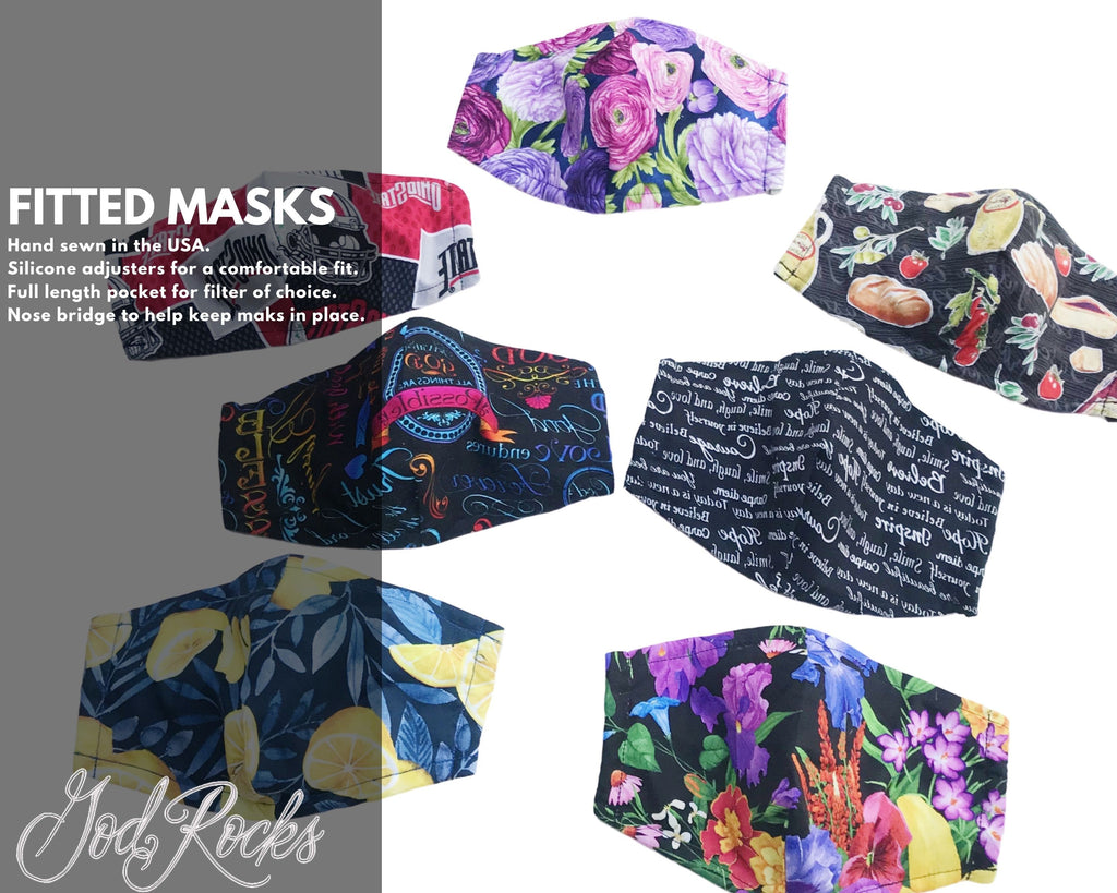 With God Fitted Face Mask, Nose Bridge Filter Pocket Adjustable Reusable Face Covering, God Rocks Designs