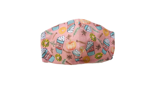 Pumpkin Spice Face Mask | Pink Coffee Face Covering | Nose Wire | Reusable Face Mask With Filter Pocket | 3-Ply 100% Breathable Cotton