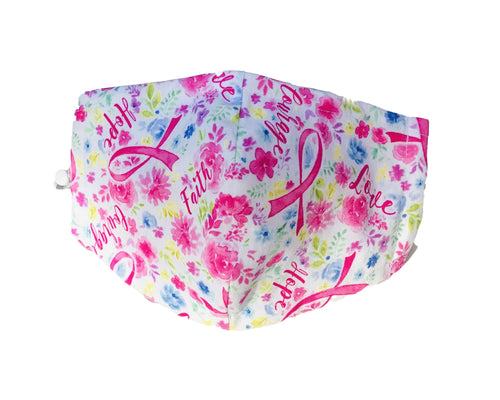 Pink Cancer Ribbon 3 Ply Cotton Face Mask | Washable Reusable Adjustable Face Covering | Stitched In Nose Bridge | Interior Filter Pocket